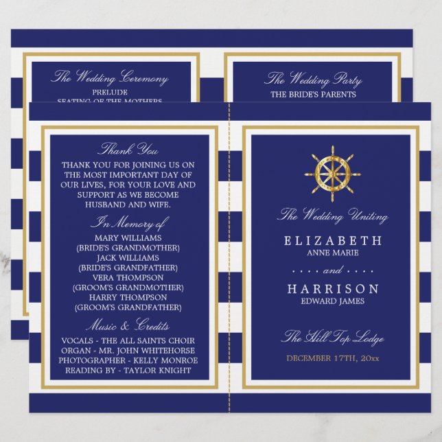 Nautical Guld Wheel, Navy/Guld Bröllopsprogram (Fram/baksida)