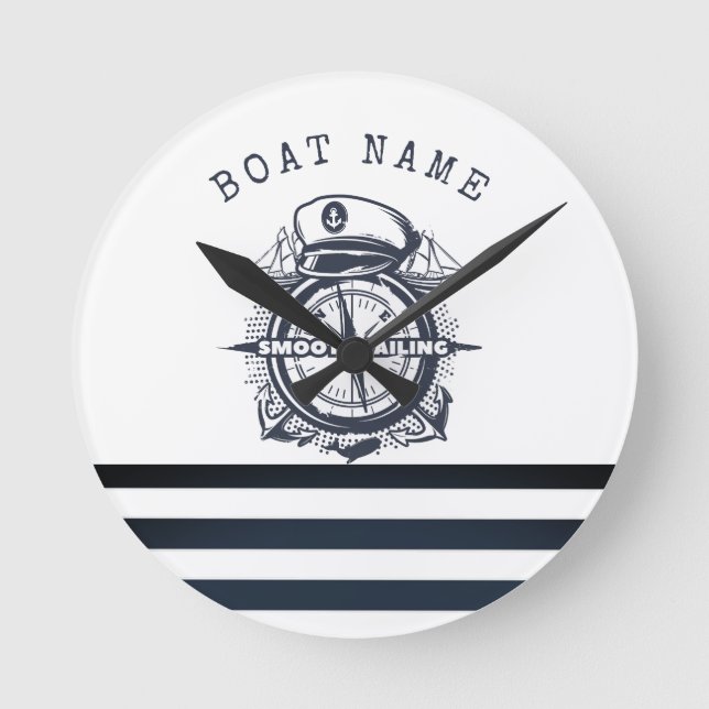 Nautical Hat, Anchor,Wheel Navy Blue Stripe Rund Klocka (Framsida)