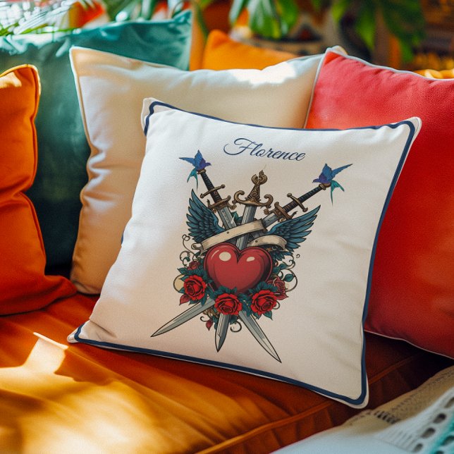 Nautical Heart Blommigt Red Blue Kudde (Skapare uppladdad)