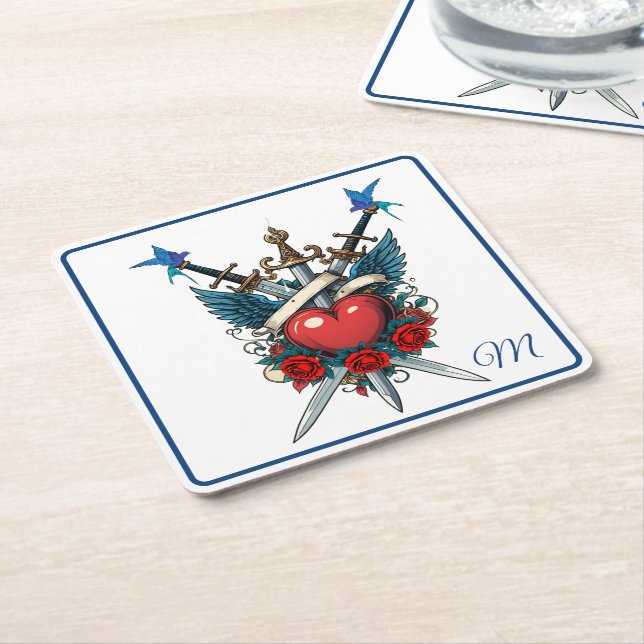 Nautical Heart Blommigt Red Blue Underlägg Papper Kvadrat (Vinklad)