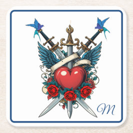 Nautical Heart Blommigt Red Blue Underlägg Papper Kvadrat