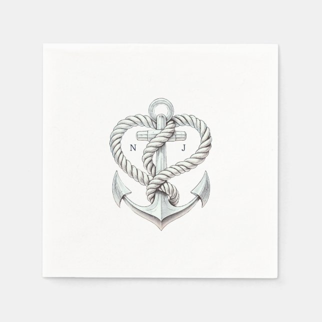 Nautical Heart Rope Anchor Coastal Bröllop Pappersservett (Framsidan)