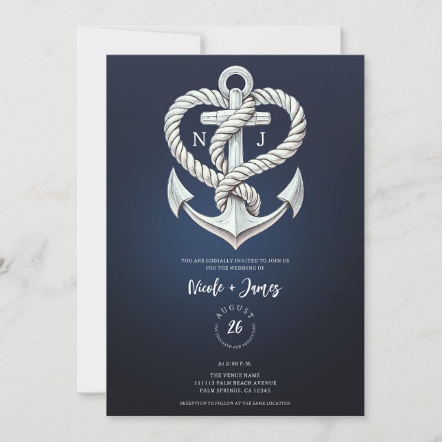 Nautical Heart Rope Anchor Coastal Navy Bröllop Inbjudningar (Framsida)