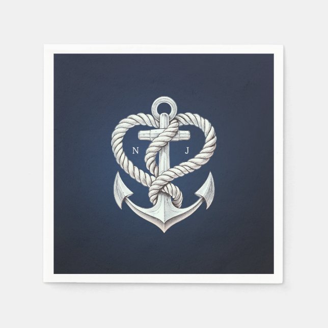 Nautical Heart Rope Anchor Coastal Navy Bröllop Pappersservett (Framsidan)