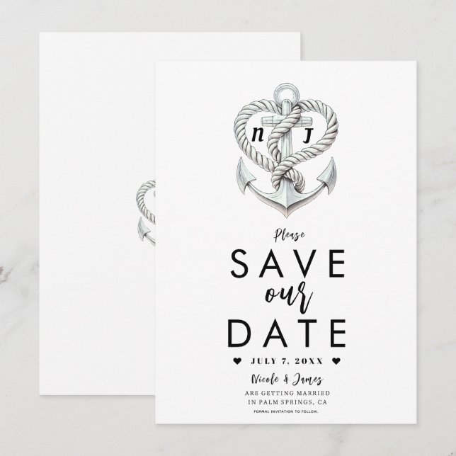 Nautical Heart Rope Anchor Kustnära Save the Date Inbjudningar (Fram/baksida)