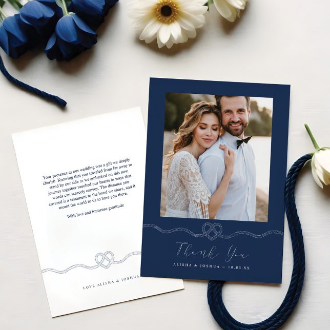 Nautical Heart Rope Navy & White Photo Tack Kort (Nautical Heart Rope Navy & White Photo Thank You)