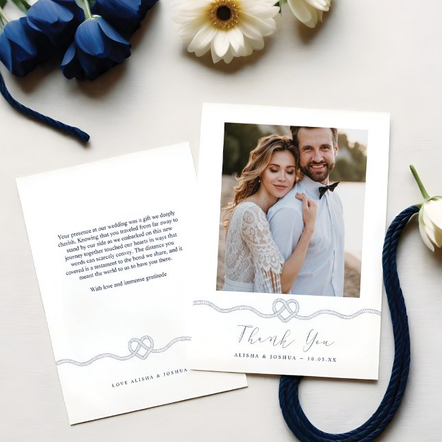 Nautical Heart Rope Navy & White Photo Tack Kort (Nautical Heart Rope Navy & White Photo Thank You)