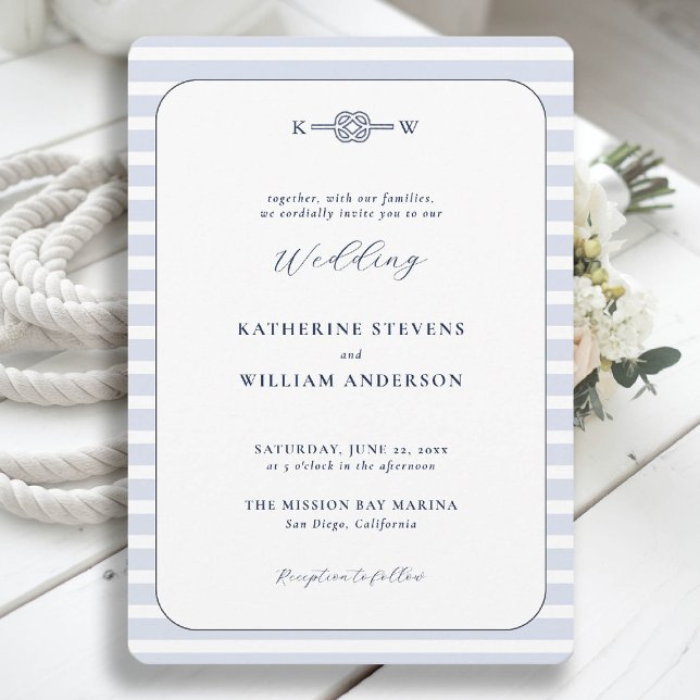Nautical Infinity Knot Monogram Beach Wedding Inbjudningar (beach wedding invitation nautical coastal blue stripes elegant modern infinity knot monograms)