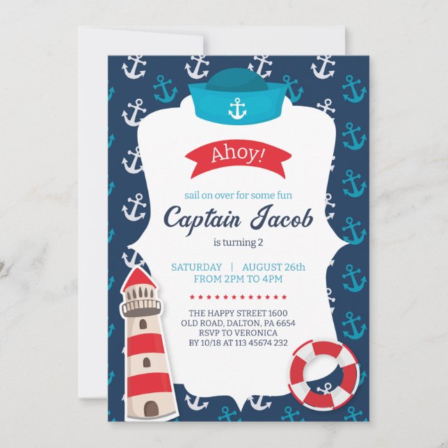 Nautical Invitation for Birthday Party Ahoy! Blue Inbjudningar (Framsida)