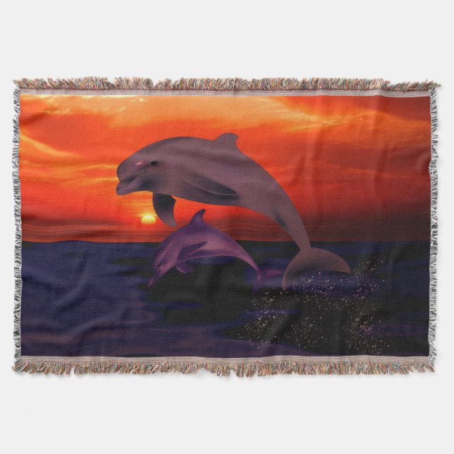 Nautical Jumping Dolphins Orange Ocean Sunset Filt (Framsidan)