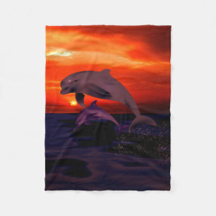 Nautical Jumping Dolphins Orange Ocean Sunset Fleecefilt