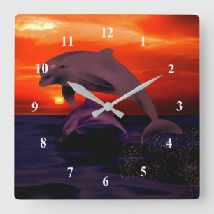 Nautical Jumping Dolphins Orange Ocean Sunset Fyrkantig Klocka