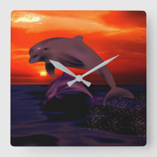 Nautical Jumping Dolphins Orange Ocean Sunset Fyrkantig Klocka
