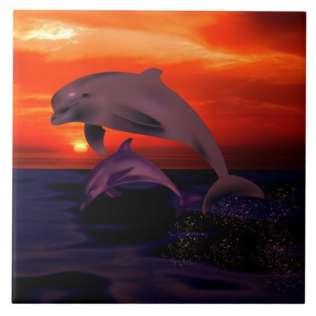Nautical Jumping Dolphins Orange Ocean Sunset Kakelplatta (Framsidan)