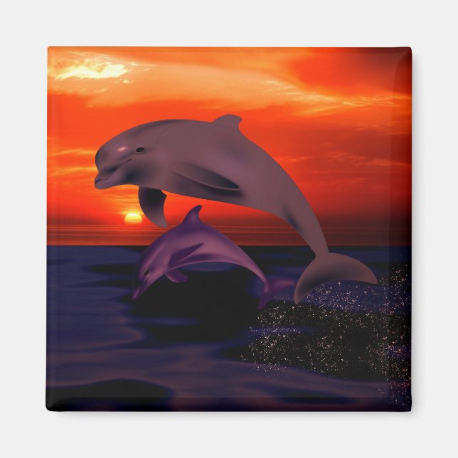 Nautical Jumping Dolphins Orange Ocean Sunset Magnet (Framsidan)