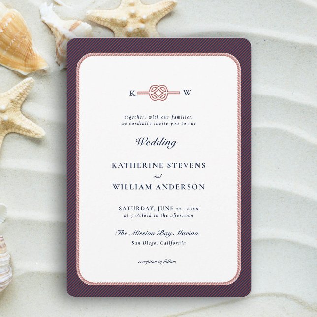 Nautical Kärlek Knot Elegant Burgundy Navy Bröllop Inbjudningar (simple beach wedding invitation nautical rope infinity knot navy burgundy modern classic traditional)