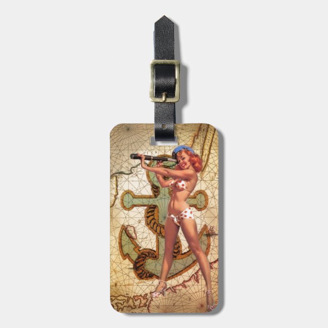 Nautical Karta Beach bikini Pin Up Girl Sailor Bagagebricka (Vertikal Framsida)