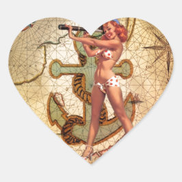 Nautical Karta Beach bikini Pin Up Girl Sailor Hjärtformat Klistermärke