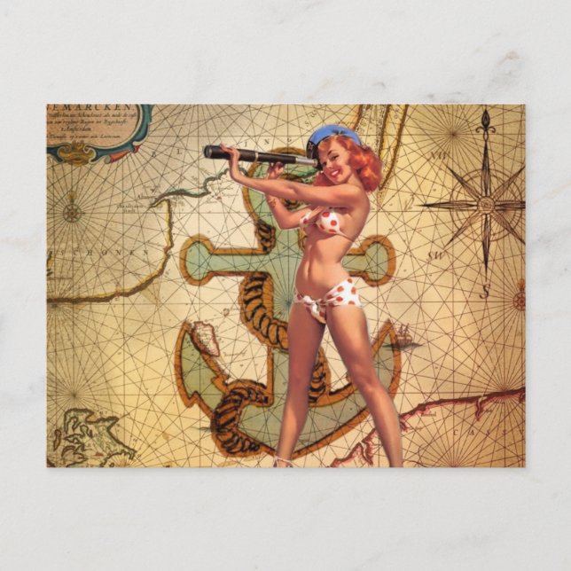 Nautical Karta Beach bikini Pin Up Girl Sailor Vykort (Framsida)