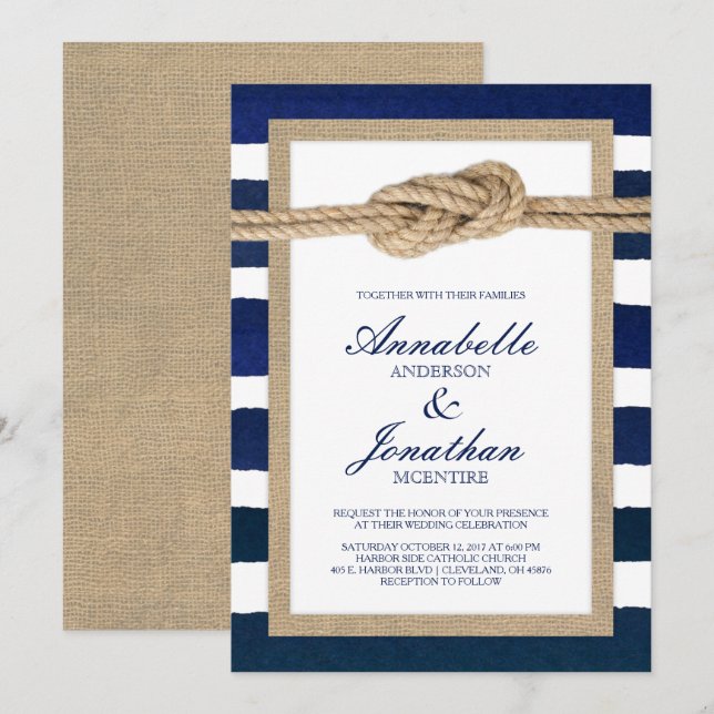 Nautical Knot Burlap & Watercolor Navy Rand Inbjudningar (Fram/baksida)