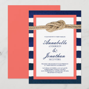 Nautical Knot Coral & Navy Rand Bröllop Inbjudningar