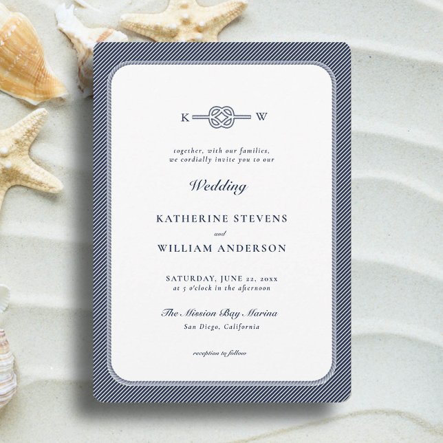 Nautical Knot Monogram Elegant Navy Beach Wedding Inbjudningar (simple beach wedding invitation nautical rope infinity knot navy blue modern classic minimalist)