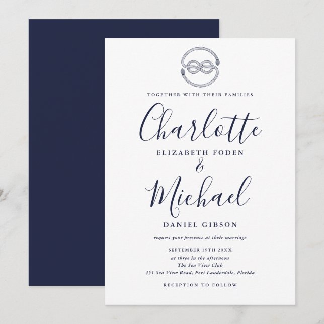 Nautical Knot Navy Blue Script Bröllop Inbjudningar (Fram/baksida)