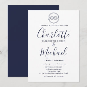 Nautical Knot Navy Blue Script Bröllop Inbjudningar