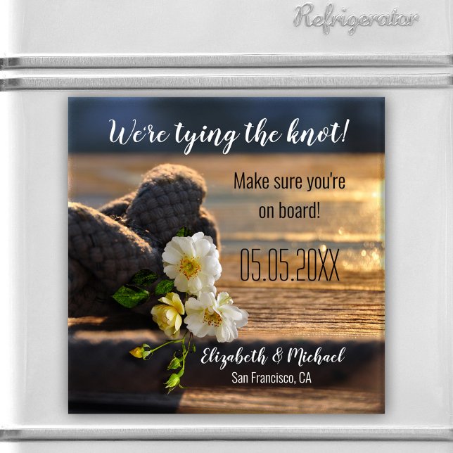 Nautical Knot Sailors Spara datum magneter (Romantic Save the Date magnet with a nautical sailor's theme featuring a tied knot and roses)