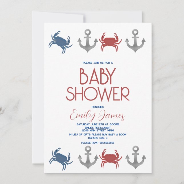 Nautical Krabb Ankar Strand Baby Shower Inbjudningar (Framsida)