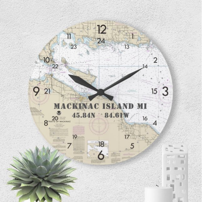 Nautical Latitude Longitud Mackinac Island 24-Hr Stor Klocka (Skapare uppladdad)