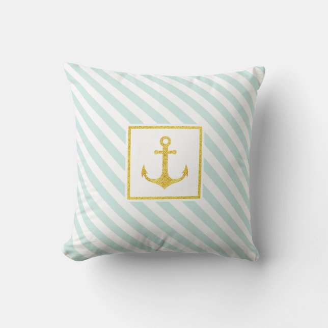 Nautical Light Blue Rand Golden Glitter Anchor Kudde (Framsida)