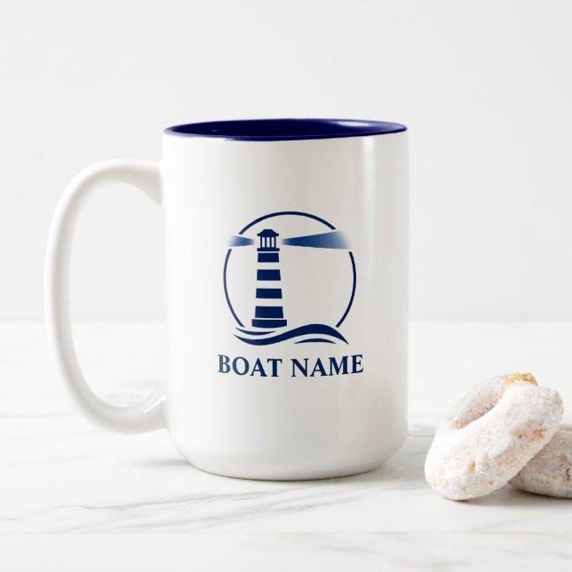 Nautical Lighthouse Add Boat eller Namn Large Två-Tonad Mugg (Med munk)