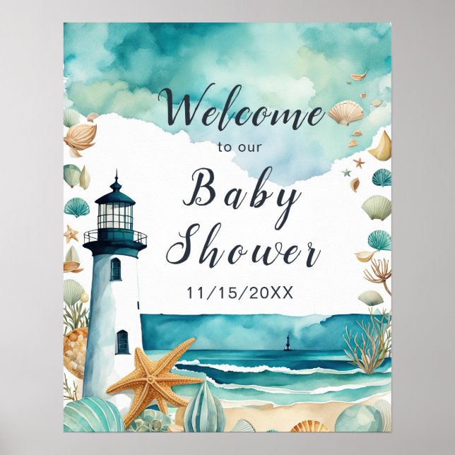 Nautical Lighthouse Baby Shower på svenska Poster (Framsidan)