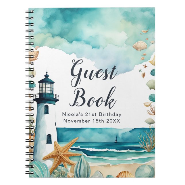 Nautical Lighthouse Birthday Party Guest Book Anteckningsbok (Framsidan)
