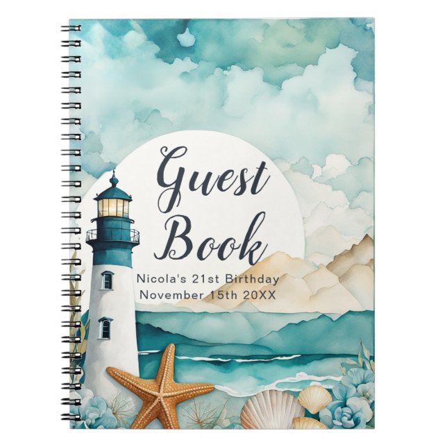 Nautical Lighthouse Birthday Party Guest Book Anteckningsbok (Framsidan)
