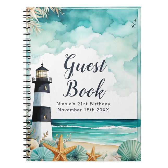 Nautical Lighthouse Birthday Party Guest Book Anteckningsbok (Framsidan)