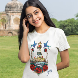 Nautical Lighthouse Blommigt Red Anchor Blue T Shirt