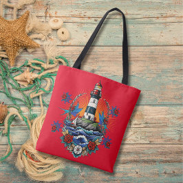 Nautical Lighthouse Blommigt Red Blue Tygkasse