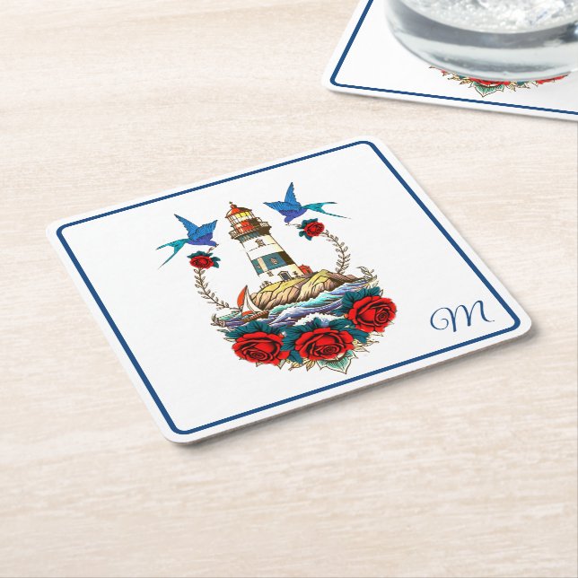 Nautical Lighthouse Blommigt Red Blue Underlägg Papper Kvadrat (Vinklad)