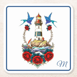 Nautical Lighthouse Blommigt Red Blue Underlägg Papper Kvadrat