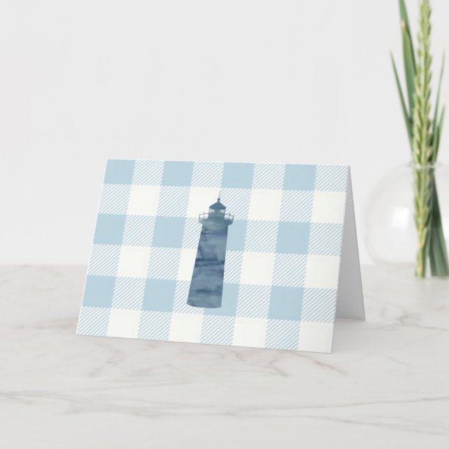 Nautical Lighthouse Blue Gingham Mönster Kort (Framsida)