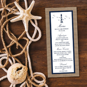 Nautical Lighthouse Burlap Bröllop Collection-meny Reklamkort