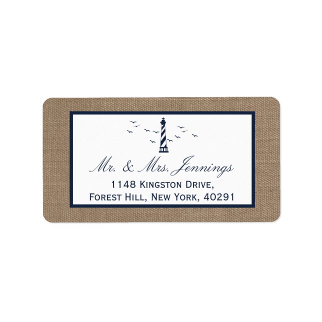 Nautical Lighthouse Burlap Bröllop-samlingen Adressetikett (Framsidan)