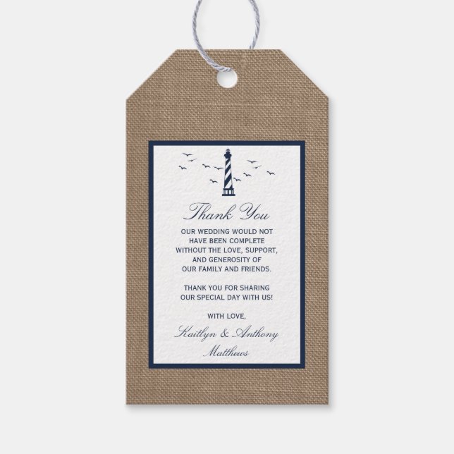 Nautical Lighthouse Burlap Bröllop-samlingen Presentetikett (Framsidan)