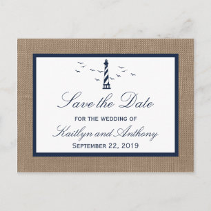 Nautical Lighthouse Burlap Bröllop spara datum Meddelande Vykort