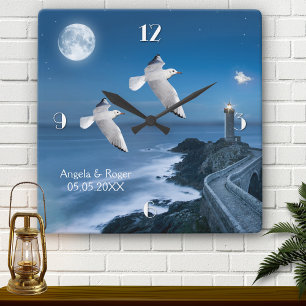 Nautical Lighthouse Fiskmåsar Bröllop Clock Fyrkantig Klocka