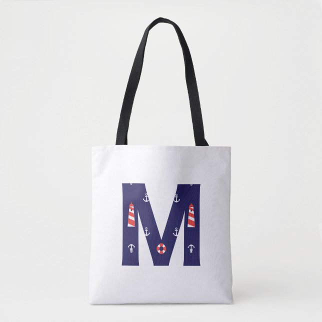 Nautical Lighthouse Monogram Tote Initial M Tygkasse (Framsida)