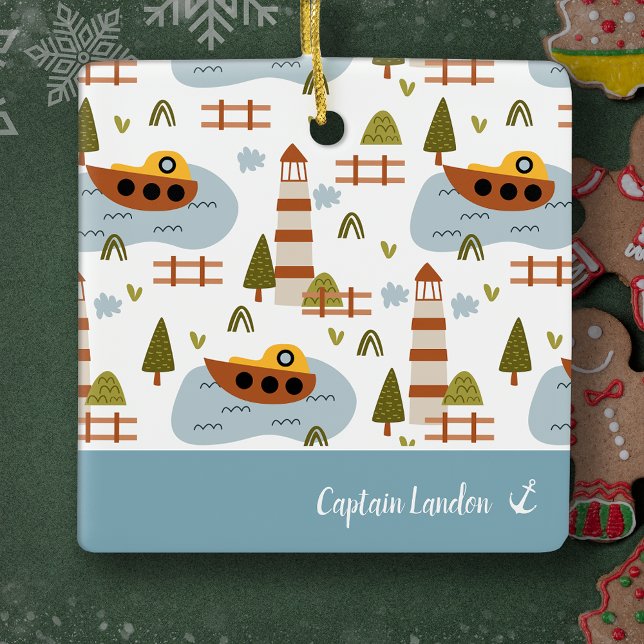 Nautical Lighthouse och Boat Kid Mönster jul Julgransprydnad Keramik (Skapare uppladdad)