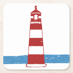 Nautical Lighthouse Red and White Rand, Bröllop Underlägg Papper Kvadrat